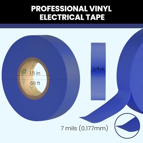 Image of Lichamp 10-Pack Blue Electrical Tape Waterproof, 3 /4 in x 66ft, Industrial Grade UL /CSA Listed High Temp Electrical Tape Blue Electric Super Vinyl