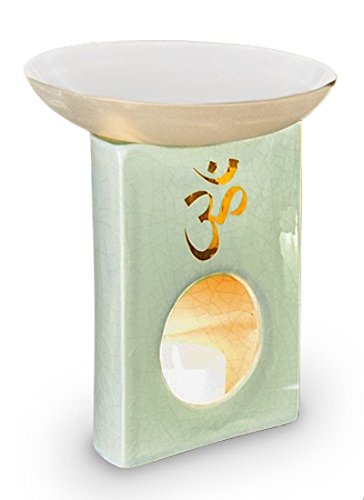 Aromalampe Om aus Keramik mit Türkiscraquelée und Omsymbol aus Gold, 16 cm hoch Schale Ø 15 cm, Duftlampe Stövchen Diffuser, Raumduft Aromatherapie