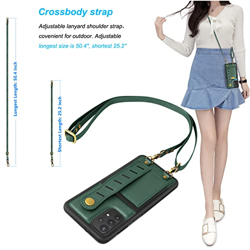 Hisdou Compatible For Samsung Galaxy A32 5G Wallet Phone Case, Lanyard Wrist Strap With Detachable Crossbody Strap Card Holder Slot Pu Leather Purse Kickstand Shockproof Wristlet(Green) #TOP2