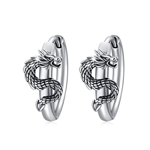 Boucles d'oreilles créoles en forme de dragon en argent sterling 925, hypoallergéniques, gothiques, bijoux cadeaux pour homme et femme, Argent Cover