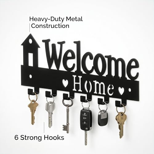 Image of Ventuos Metal Wall Mounted Key Holder with 6 Hooks, Welcome Home Design, Key Organizer for Home Office Bedroom Entryway