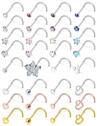 Dyknasz 32Pcs Hypoallergenic Nose Rings 20G Nose Studs Surgical Stainless Steel Nose Rings Studs Screw Nose Ring Cubic Zirconia Nose Ring Nostril Piercing Jewelry For Women Men #TOP24
