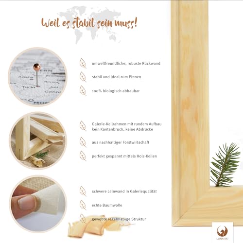 LANA KK Stilvolle Pinnwand Weltkarte - Natur - Deutsch in 120 x 80 cm, stabile Rückwand zum Pinnen inkl. Starterkit - Leinwand-Kunstdruck Wandbild Landkarte XXL