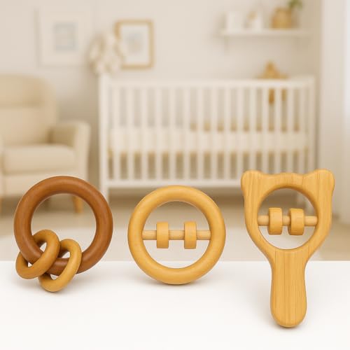 Image of Shark Doo Doo Neem Wood Baby Teether Combo of 3 Rattle | Organic & Handcrafted | Chemical-Free, Paint-Free, Antibacterial Teething Toy for Babies
