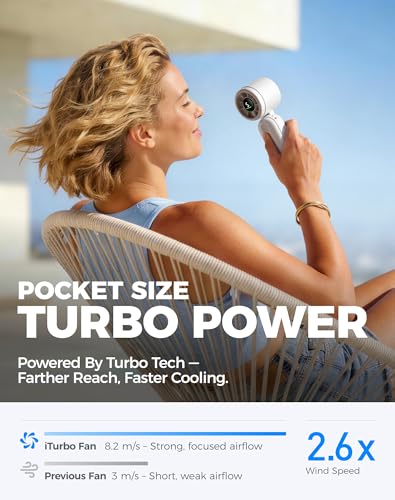 Image of Diveblues Mini Handheld Fan, 30ft /s Portable Turbo Fan [12H Max Cooling], 4000mAh Personal Fan with LED Display, 3-in-1 Hand Held /Neck /Desk Fan for Travel, Cruise, Disney Essentials