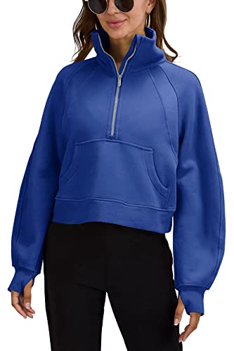 Womens Sweatshirts Half Zipper Crop Pullover Funnel Neck Fleece Lined Zip Up Long Sleeve Tops Thumb Hole Blue #TOP2