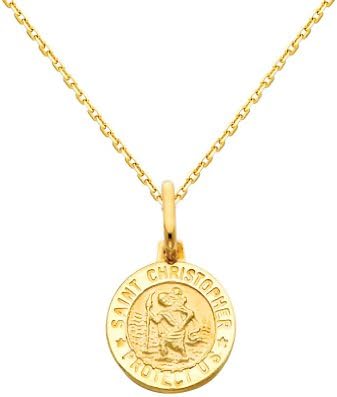 The World Jewelry Center 14k Real Yellow Gold Religious Saint Christopher Medal Pendant with 0.9mm Cable Chain Necklace - 22"