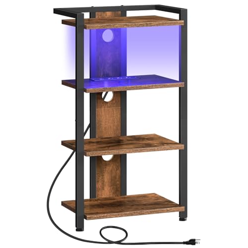 Image of HOOBRO 4-Tier AV Media Stand, Media Console with Charging Station and LED Light, Wooden Stereo Cabinet, Corner TV Stand, Record Player, Entertainment Device Stand, Rustic Brown and Black BF38UDCJ01