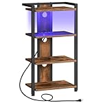 HOOBRO 4-Tier AV Media Stand, Media Console with Charging Station and LED Light, Wooden Stereo Cabinet, Corner TV Stand, Record Player, Entertainment Device Stand, Rustic Brown and Black BF38UDCJ01