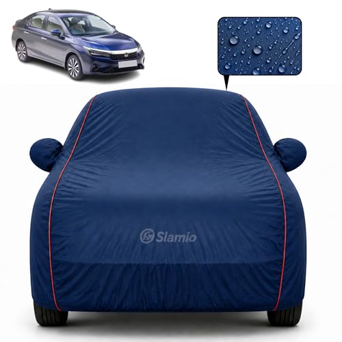 Image of Premium 100% Waterproof Car Cover for Honda's Amaze 2012-2017 Models All-Weather, UV & Dust Protection | Heavy-Duty 3-Layer Fabric | Custom Fit with Mirror & Antenna Pockets | Navy Blue