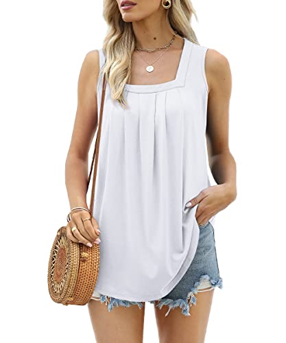 Image of Aokosor Womens Tops Ladies Summer Vest Tops for Women Pleated Sleeveless Shirts Dressy Tunic Loose Fit White Plus Size 22-24