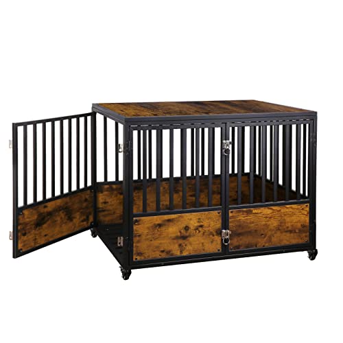 Dog-Crate-Furniture-44-Inch-Wooden-Dog-Kennel-Pet-Crates-End-Table-with-2-Doors-Dog-Cage-Indoor-with-4-Lockable-Wheels-for-Medium-and-Large-Dogs-Rustic-Brown Dog Crate Furniture 44 Inch Wooden Dog Kennel Pet Crates End Table with 2 Doors Dog Cage Indoor with 4 Lockable Wheels for Medium and Large Dogs Rustic Brown