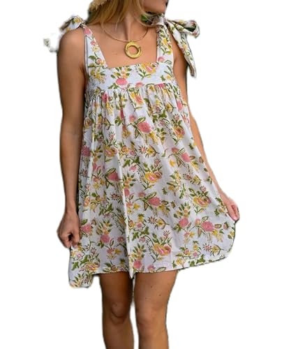Image of Women Floral Tie Shoulder Mini Dress Cute Square Neck Loose Fit Beach Short Dress Backless Boho Vocation Sundress