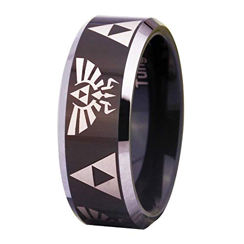 CLOUD DANCER Crest and Triforce Ring Game-Themed Laser Pattern Ring 8mm Width Black with Silver EdgeTungsten Carbide Wedding Bands Ring - FREE Custom Engraving