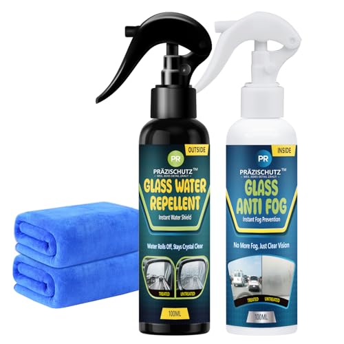PRAZISCHUTZ Glass Water Repellent Spray & Anti Fog Spray for Car Windshield, Long Lasting Waterproof & Fog-Free Coating for Clear Vision – Easy Application for All Glass Surfaces- Pack of 2