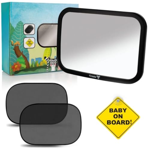 Pack Espejo de Asiento Trasero - 24,5x17,5cm con 2 Parasoles y Placa Baby On Board - Espejo Retrovisor irrompible para Bebe - 360º - Accesorios para Coche