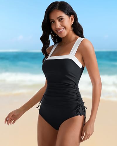 RXRXCOCO Women Tankini Bathing Suits Tummy Control Ruched Swimsuits Colorblock Drawstring Swimwear3