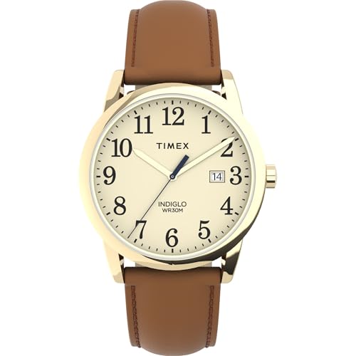 Timex Women's Easy Reader 38mm Watch – Gold-Tone Case Cream Dial with Brown & Pink Leather Strap