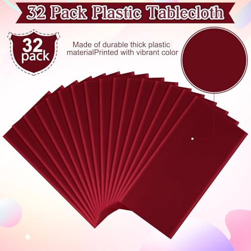 Image of 32 Pack Maroon Plastic Tablecloth for Rectangle Tables, Premium Decorative Burgundy Disposable Table Cloths for Parties, Rectangle Party Table Cover for Birthday Anniversary Graduation, 54x108 Inch