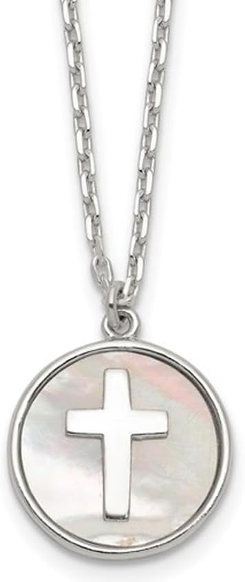 Sterling Silver Cross Pendant Necklace Disc with Mother of Pearl and Chain (16 inches)