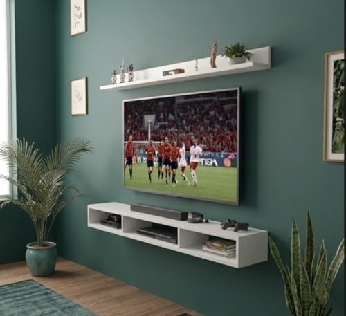 Image of Bros Moon Engineered Wood, Wall Mounted TV Cabinet, Frosty White, Modern Style, Laminated Finish, for Living Room, Suits TV up to 55 Inches (Frosty White, Parallel Roof Top 48 Inches)