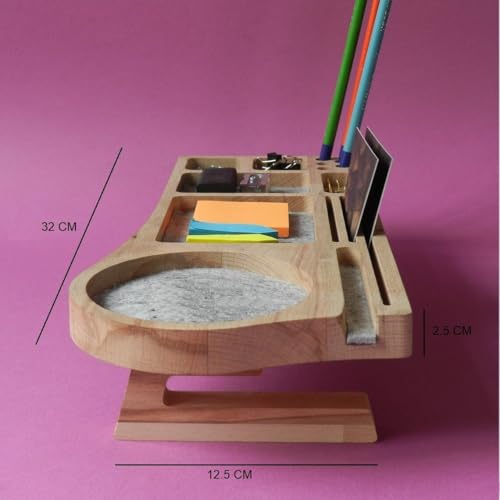 Image of Wooden Desk Organizer with Phone Stand, Multi-Compartment Stationery Holder, Natural Wood Finish (STYLE-1)