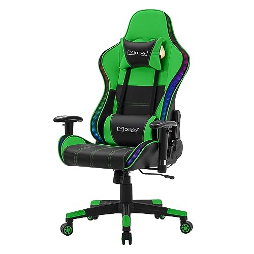 ML-Design Silla Gaming Verde Ergonómica con Iluminación LED RGB y Altavoces Bluetooth Asiento Giratorio PU Imitación Cuero Racing Gamer Ajustable en Altura con Reposabrazos Reposacabezas, Cojín Lumbar