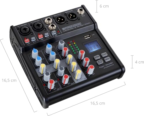 Pronomic B-403 Mini-Mixer mit Bluetooth und USB-Recording - Kompakter 4-Kanal Mixer - 2 Kanäle mit Combobuchsen, Phantomspeisung und Hi-Z Schalter - USB-Port - Main-Ausgänge im XLR-Format - Schwarz