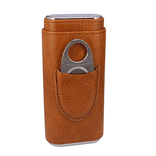 TOIKA Classic Brown Leather Cedar Wood Lined Travel 3 Cigar Case with Solid Cigar Cutter