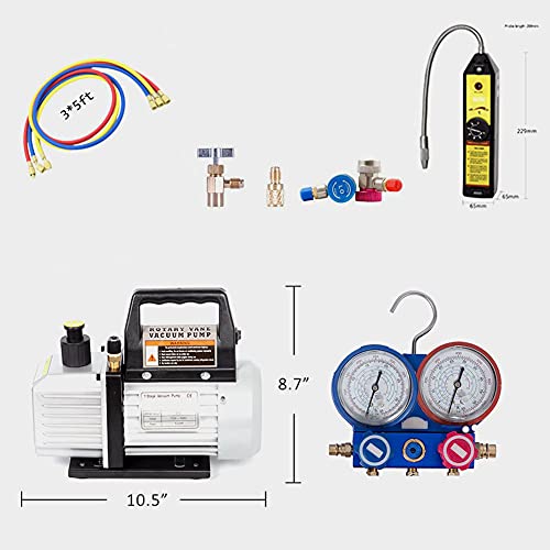 Wale&Morn 110V 1/3 Hp 4 Cfm Single Stage Rotary Vane Air Vacuum Pump And R134A Ac Manifold Gauge Set Kit With Leak Detector For Hvac Air Conditioning Refrigeration Recharging Etl Listed #TOP1