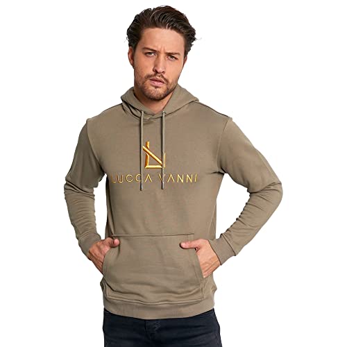 Sweat à capuche beige kaki avec logo doré et couleur noir en taille S