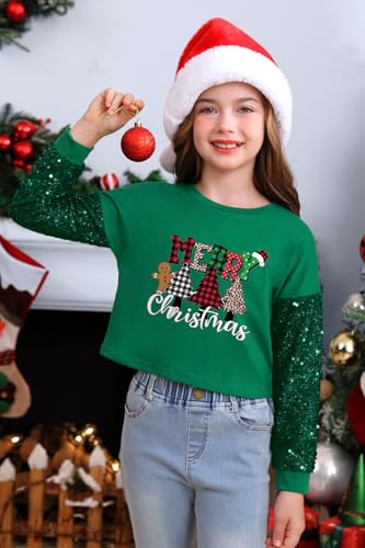 Image of BesserBay Girls Christmas Sequin Shirt Patchwork Long Sleeve Crop Tops 6-14 Years