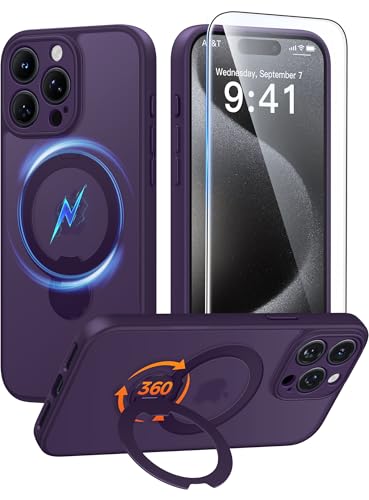 Image of FNTCASE for iPhone 15 Pro-Max Case: [360 Spin Magnetic Stand] [Compatible with Magsafe] [Screen Protector] Translucent Matte Military Grade Shockproof Full Camera Protective Phone Cover - Purple