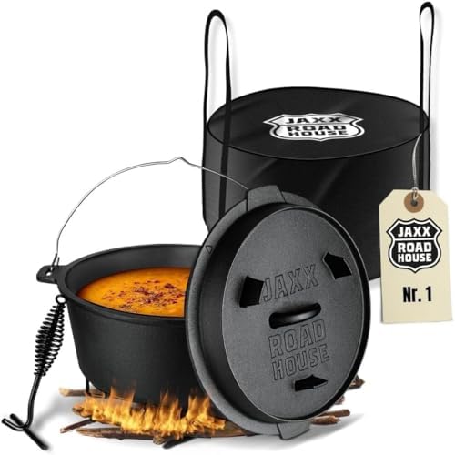 Dutch Oven Rezeptbuch: Das XXL Kochbuch mit 140 einfachen und leckeren Rezepten: Ideal für Outdoor-Fans, Hobbyköche und Camper – Grillen und kochen ... (inkl. Nährwertangaben und Rezept-Special) 3 JAXX | 9 Liter Dutch Oven Set | Eingebrannter Feuertopf aus Gusseisen | Dutch Oven Zubehör inkl. Deckelheber | Indoor und Outdoor