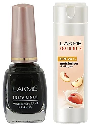 Image of LAKME Insta Matte Finish Eye Liner, Black, 9Ml And Peach Milk Spf 24 Pa Sunscreen Moisturiser Lotion, 120 Ml