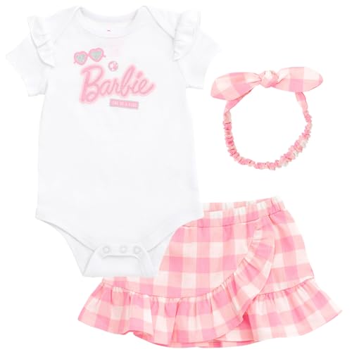 Barbie Baby Girls Bodysuit Ruffle Skirt and Bow Headband 3 Piece Outfit Set Newborn to Infant