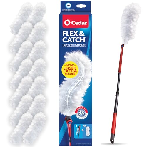 O-Cedar Flex & Catch Heavy Duty Dusting Kit with 15 Disposable Duster Refills | New & Improved Model | Extendable 3 Ft Handle with Stay-On Duster Hook | Traps 3X More Dust Than Feather Dusters