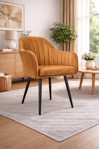 Image of Plush Dining Chair | Accent Chair for Living Room Bedroom Restuarant | Velvet Fabric & Thick Cushion Seat with Sturdy Glossy Metal Legs (Black Legs, Light Brown)