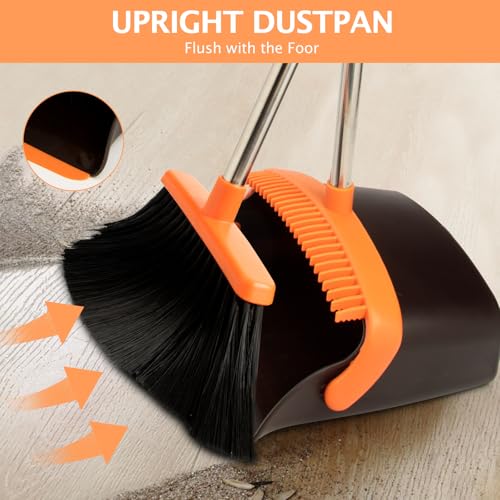 Image of 2-Pack Broom and Dustpan Set with Long Handle, Heavy Dust Broom and Dustpan Combo for Home,Kitchen, Office, Pet Hair (Brown Orange)