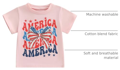 Image of Kids Toddler Girls 4th of July T-Shirt Short Sleeve Patriotic Coquette Bow American Flag Independence Day Top