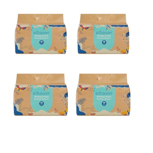 ECOBOOM - Pañal Ecológico de BAMBÚ Eco Boom. 70% Biodegradable, Hipoalergénico (TALLA 1/NB,  3KG, PACK 4 BOLSAS, TOTAL 136 PAÑALES)