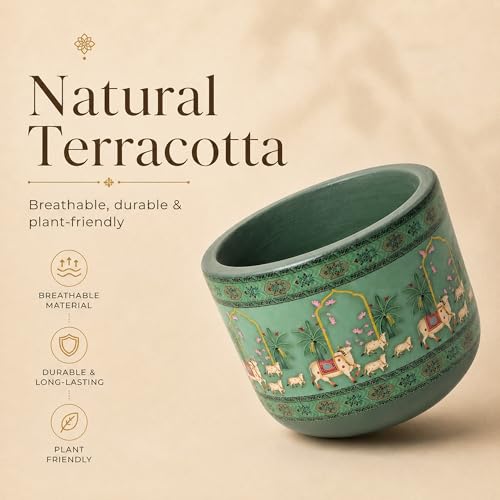 Image of Habere India-All the Cultures Fabricating India Pichwai Art Hand Painted Green Terracotta Planter | Cow Motif Indian Art Indoor Plant Pot | Clay Pot with Drainage Hole (Green: L12 x W12 x H10 cm)