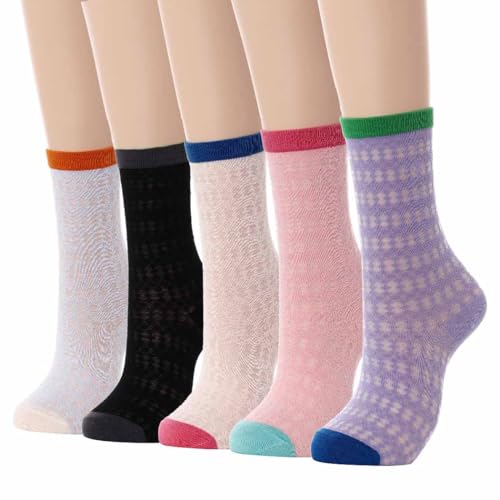 Image of Campsis Women Lace Socks Colorful Sheer Socks Ultrathin Lace Ankle Sock Fashion Hollw Out Casual Sock(5 Pairs), Styleb