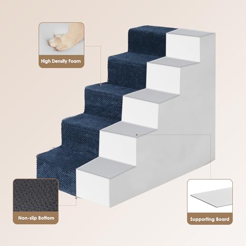 Image of EHEYCIGA Dog Stairs for Bed 25 inch H, 5-Step Extra Wide Dog Steps for High Bed, Pet Steps for Small Dogs and Cats, Non-Slip Balanced Pet Ramp Indoor, Navy Blue