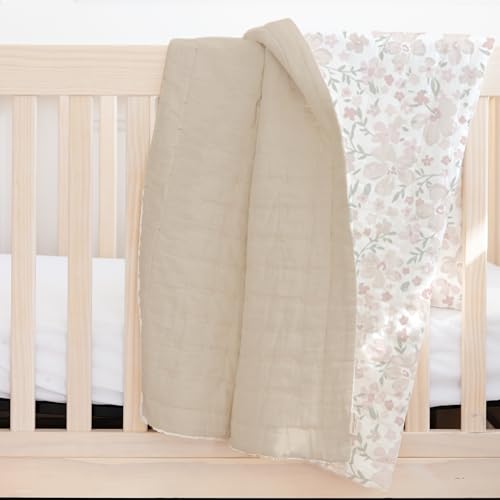 Image of MakeMake Organics Organic Twin Comforter GOTS Certified Organic Kids Blanket Cotton Infill Tufted - Reversible Ultra Soft Breathable Boys Girls (68 inchx88 inch, Blossom + Solid Taupe)