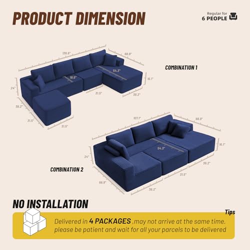 138" Boneless Couch with Deep Seat, Modular Sectional Sofa, Cloud Sectional Couch for Living Room, No Assembly Required, Corduroy, U-Shape 4 Seater Right, Blue - Image 3
