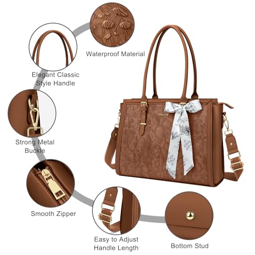 Image of MOSISO Laptop Bag for Women, PU Leather Tote Bag, Front Embossed Retro Hibiscus Computer Bags with Silk Scarf&Clutch Purse
