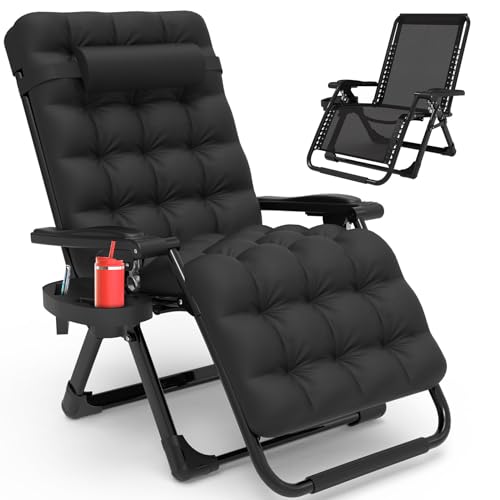 Zero Gravity Lounge Chair with Upgraded Lock and Cushion, Reclining Camping Chair with Cup Holder and Headrest, Folding Patio Chair for Indoor/Outdoor Use - Black