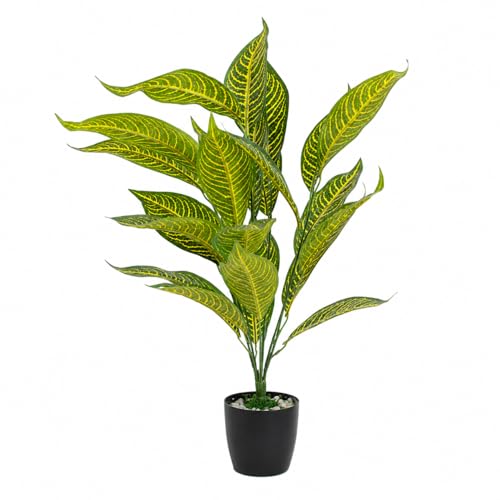 Image of Artificial Yellow Calathea Plant with White Pot - 50 cm Tall Faux Tropical Decorative Plant with 26 Leaves for Home, Office & Living Room Decor