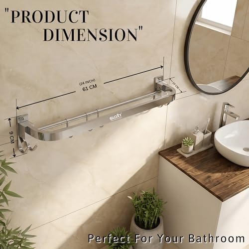 Image of GLOXY Premium Towel Hanger for Bathroom Combo Pack of 3 - Chrome Finish 24 Inch Stainless Steel Towel Holder in Bathroom - Wall Mount Towel Rod for Bathroom with Hooks to Keep Towels Well Organised